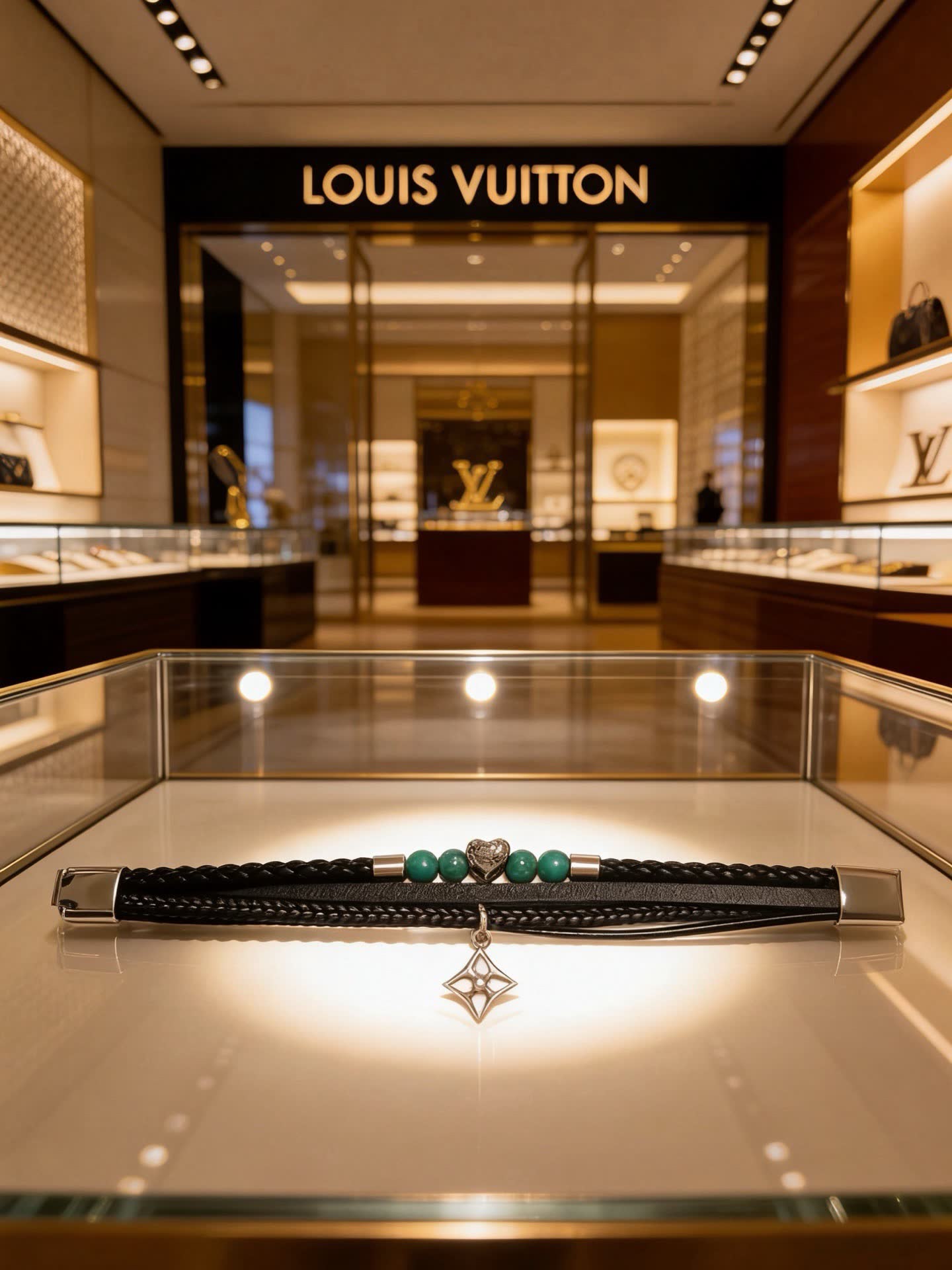 Louis Vuitton Men's Double Wrap Bracelet with Green Beads and Silver Charm